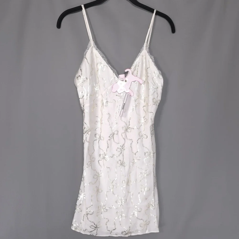 VICTORIA'S SECRET LOVESHACKFANCY New Nightgwn XS Bow Print Satin Slip Chemise